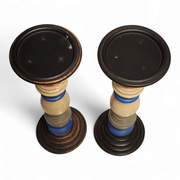 Set of Wooden Candlesticks – 12" Tall Pillar Candle Holders – Americana, Coastal - Picture 3 of 5